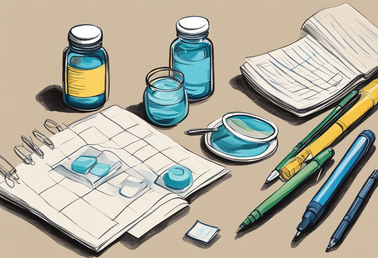 A table with bottles of male fertility supplements, a glass of water, and a notepad with pen for tracking doses