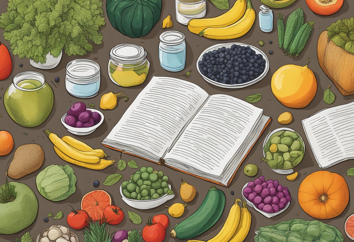 A table filled with various fruits, vegetables, and supplements, surrounded by scientific research papers on male reproductive health
