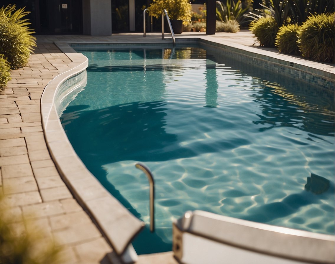 A pool with a filtration and circulation system, with a skimmer removing debris, ensuring clean and clear water
