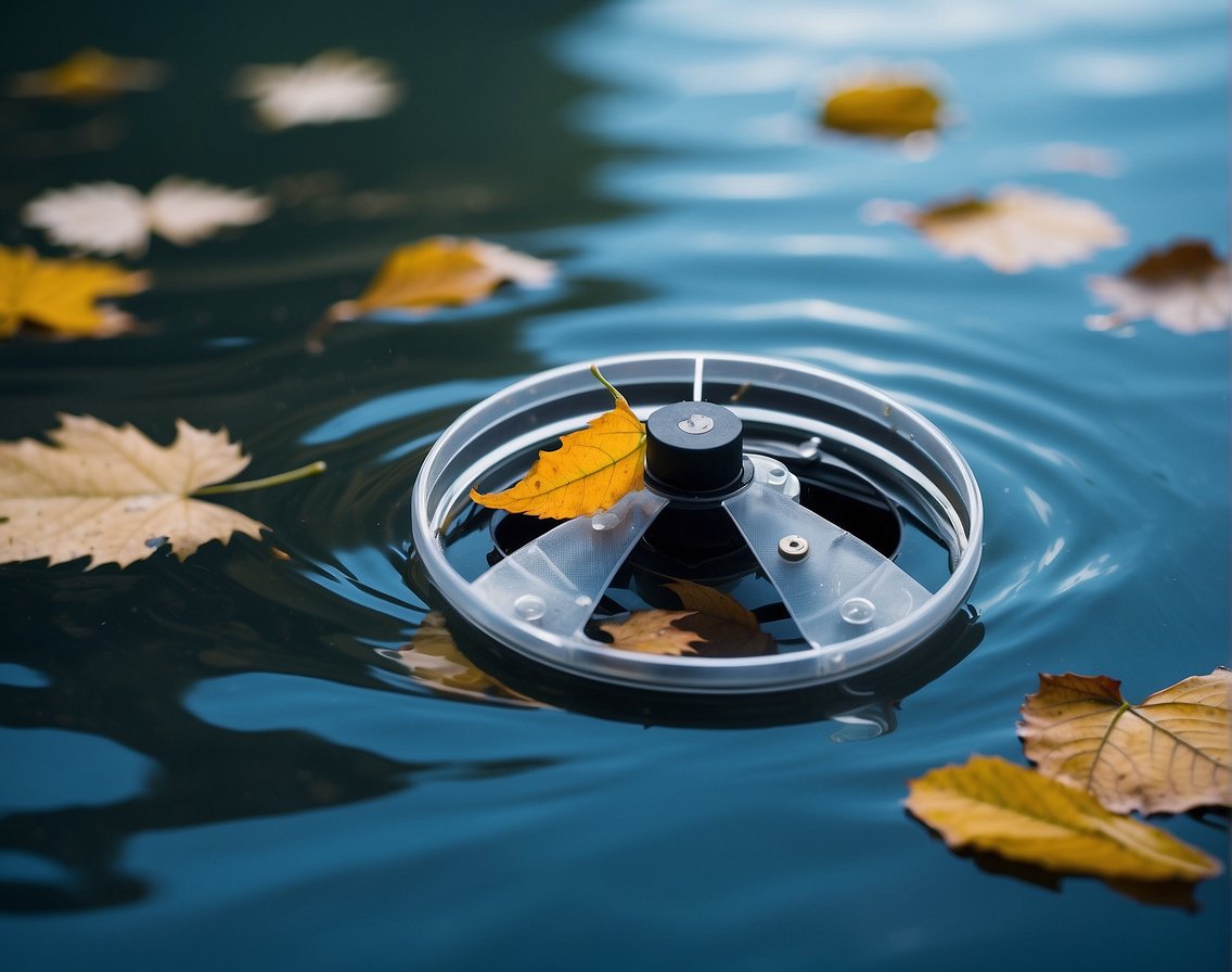 A pool skimmer glides across the water's surface, collecting leaves and debris. The clear blue water reflects the surrounding landscape