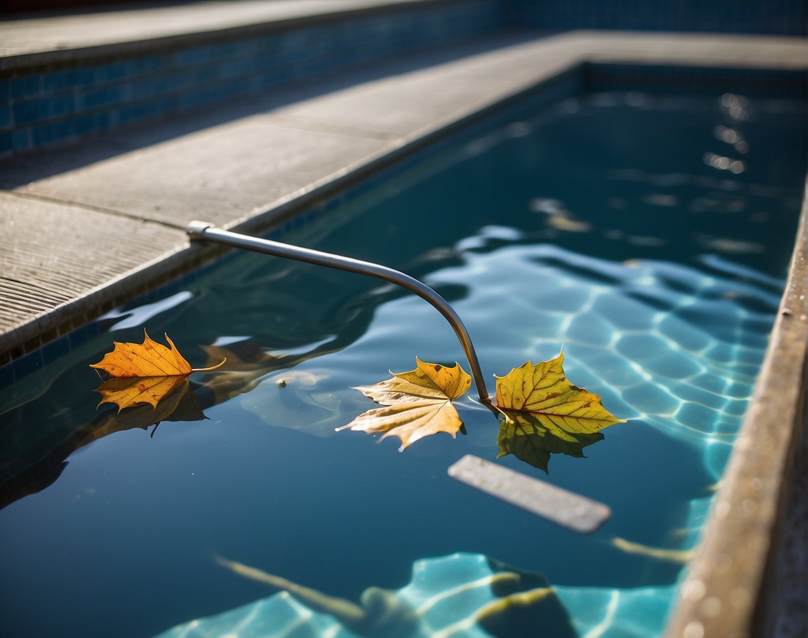 A pool skimmer removes leaves and debris from the water surface. Clear, blue water with no visible debris. Sunlight reflecting off the water