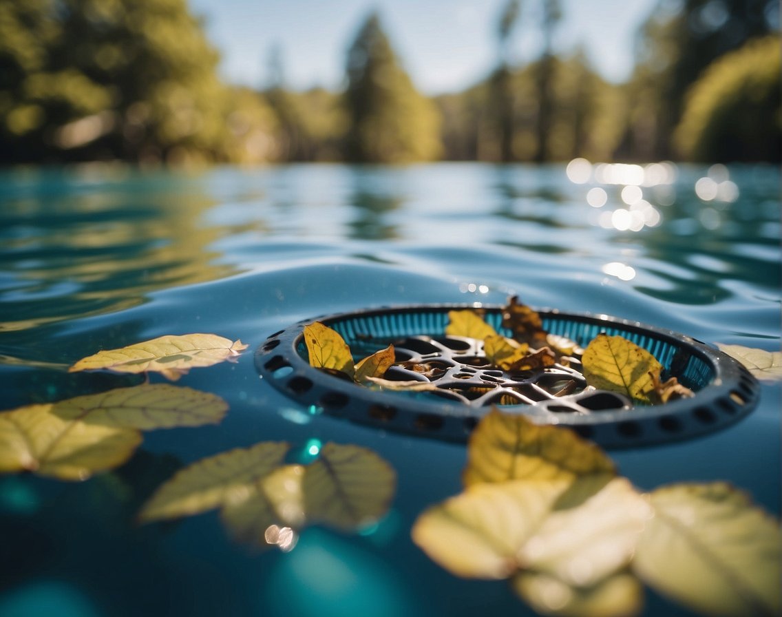 A pool skimmer glides across the water's surface, removing leaves and debris, leaving behind clean and clear water