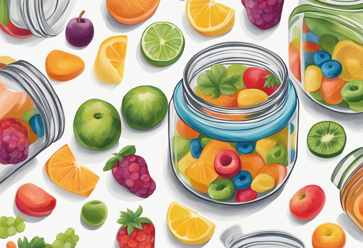 A colorful jar of vitamin gummies sits on a clean, white countertop, surrounded by scattered fruit and vegetable illustrations