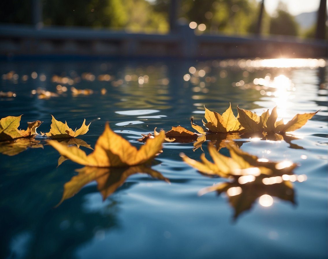 A pool skimmer glides across the water's surface, collecting leaves and debris. The sun shines down, casting a shimmering reflection on the calm, clear water