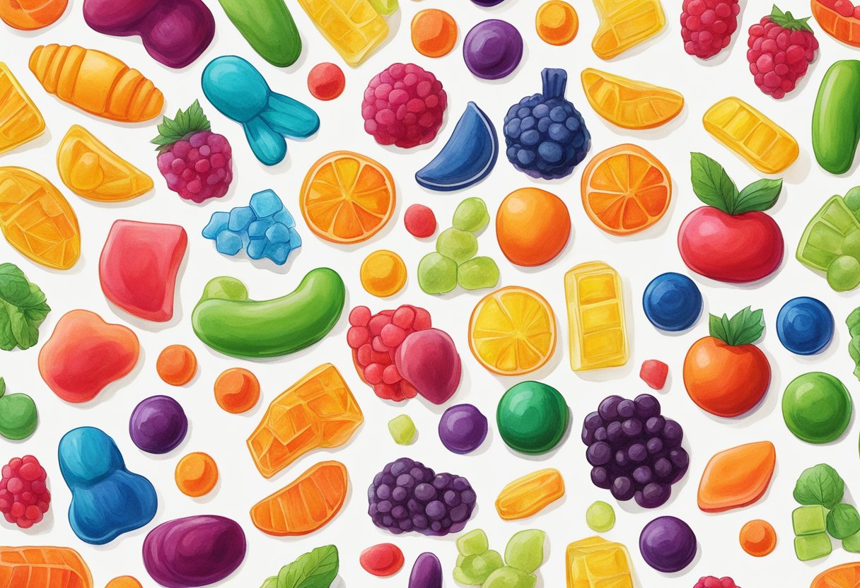 A colorful array of vitamin gummies in various shapes and sizes, arranged neatly on a white surface with a backdrop of vibrant fruits and vegetables