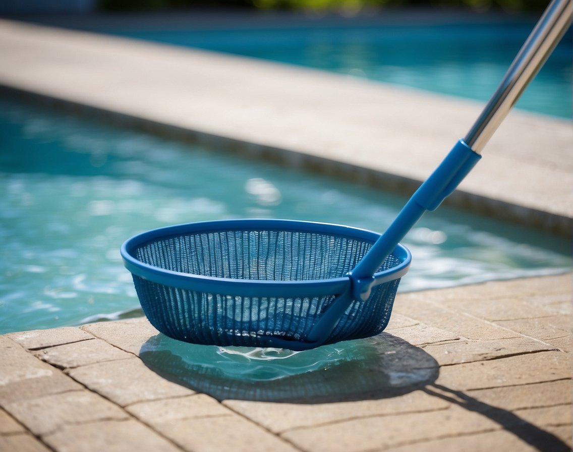 A pool skimmer net and telescopic pole are essential tools for removing debris from the water. A clean, blue pool with a skimmer in action