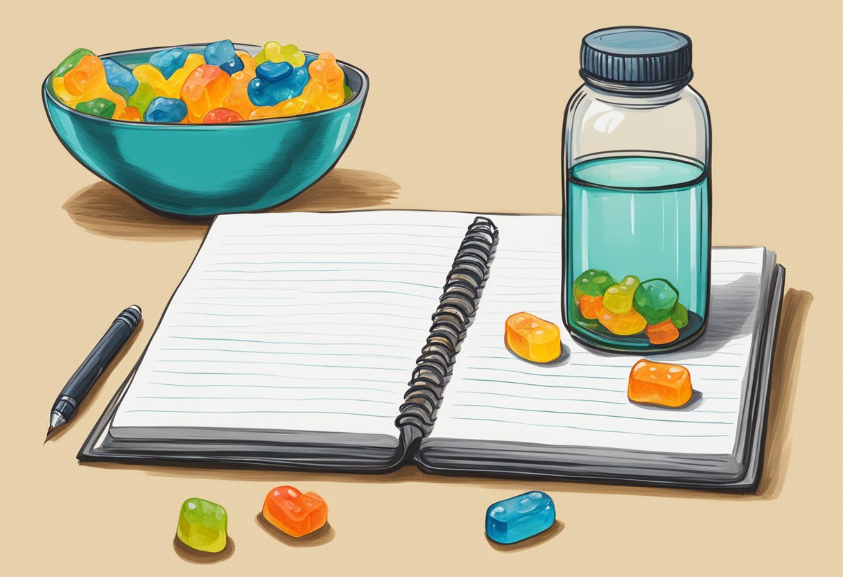 A table with a bottle of vitamin gummies, a glass of water, and a notepad with pen for tracking consumption