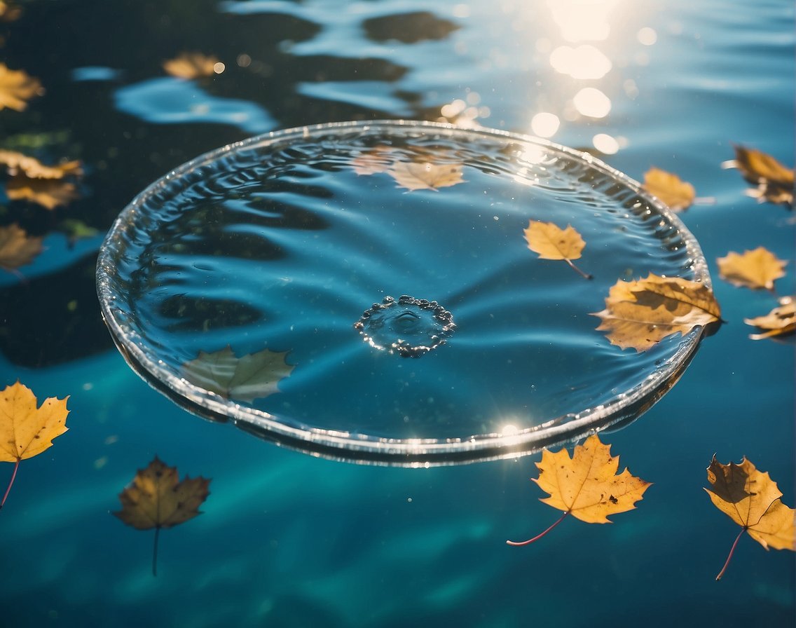 A pool skimmer glides across the water's surface, removing debris and leaves with ease. The sun shines down, casting a shimmering reflection on the clear blue water