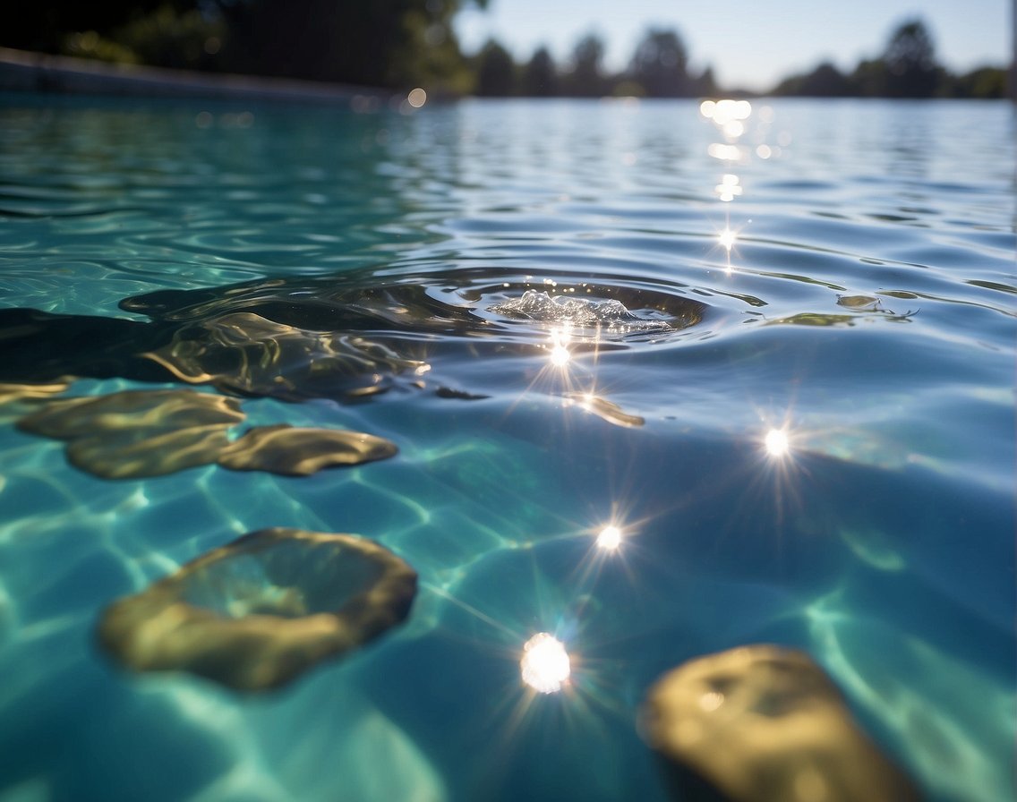A pool skimmer glides across the water's surface, efficiently removing debris. The sun shines down, casting a shimmering reflection on the clear, blue water