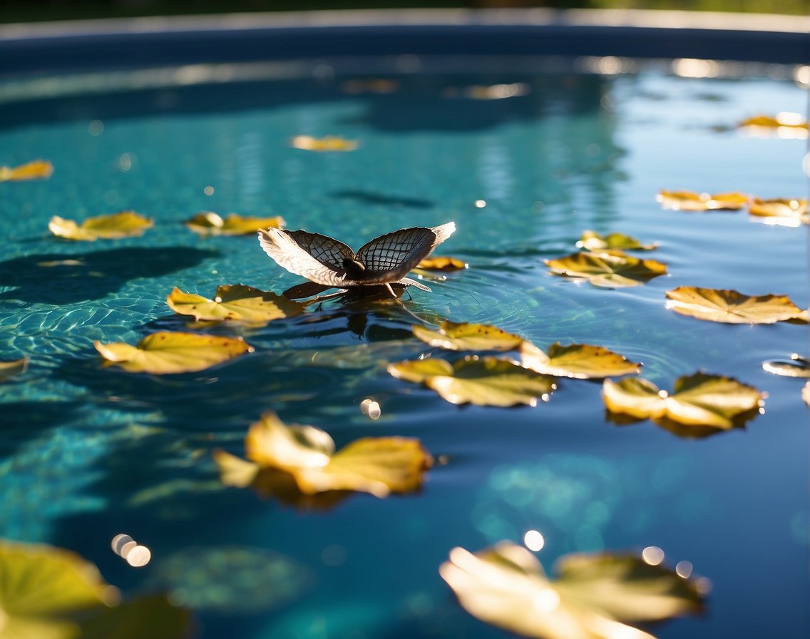 A pool skimmer glides effortlessly across the water's surface, collecting leaves, insects, and other debris. The sun shines down, casting a shimmering reflection on the clear blue water