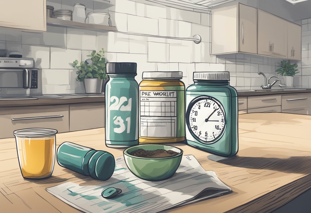 A bottle of pre-workout supplement sits on a clean, uncluttered kitchen counter, next to a stopwatch showing the passage of time