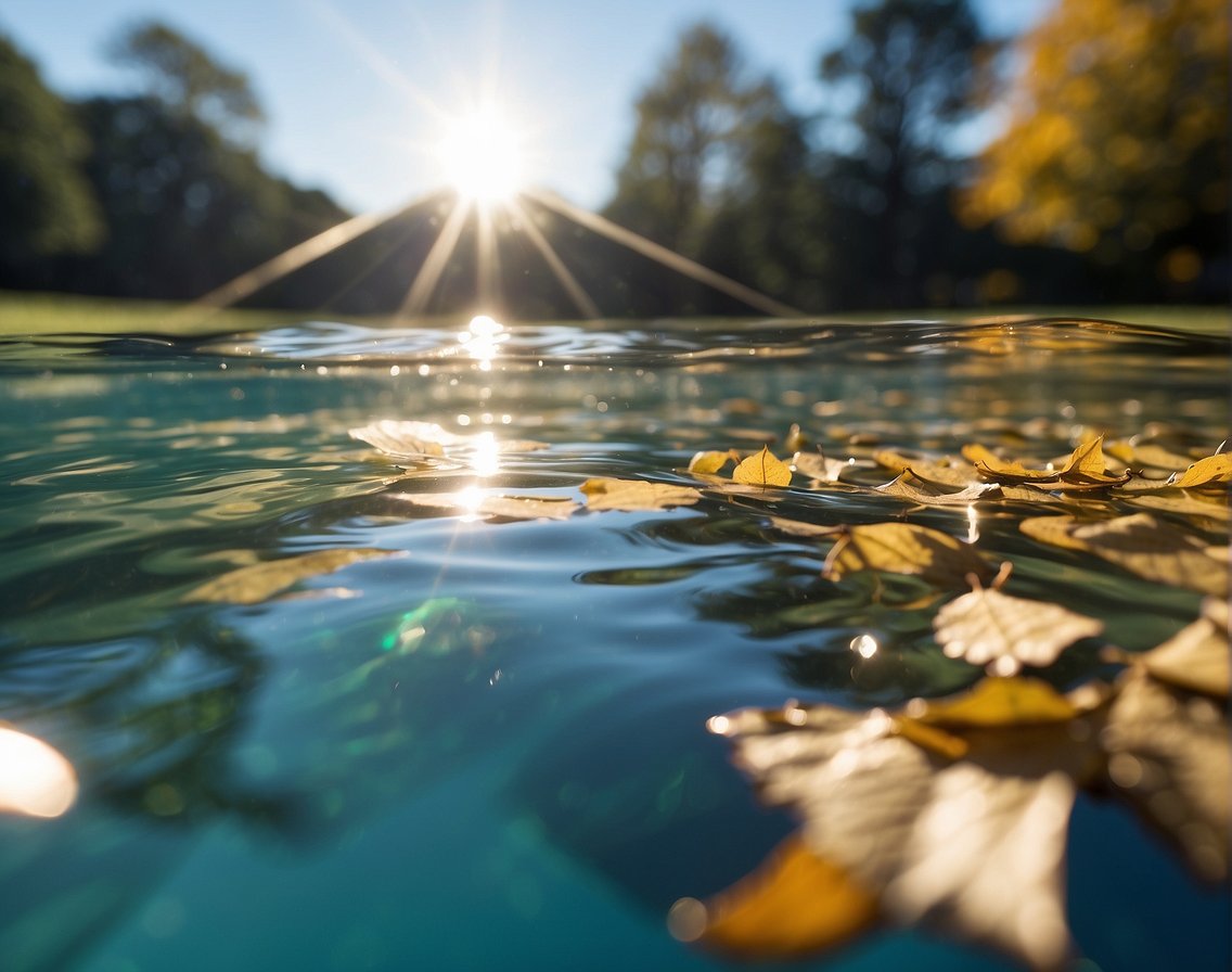 A pool skimmer net hovers above the water, collecting leaves and debris. The sun shines down on the clear blue pool in a backyard in Georgia