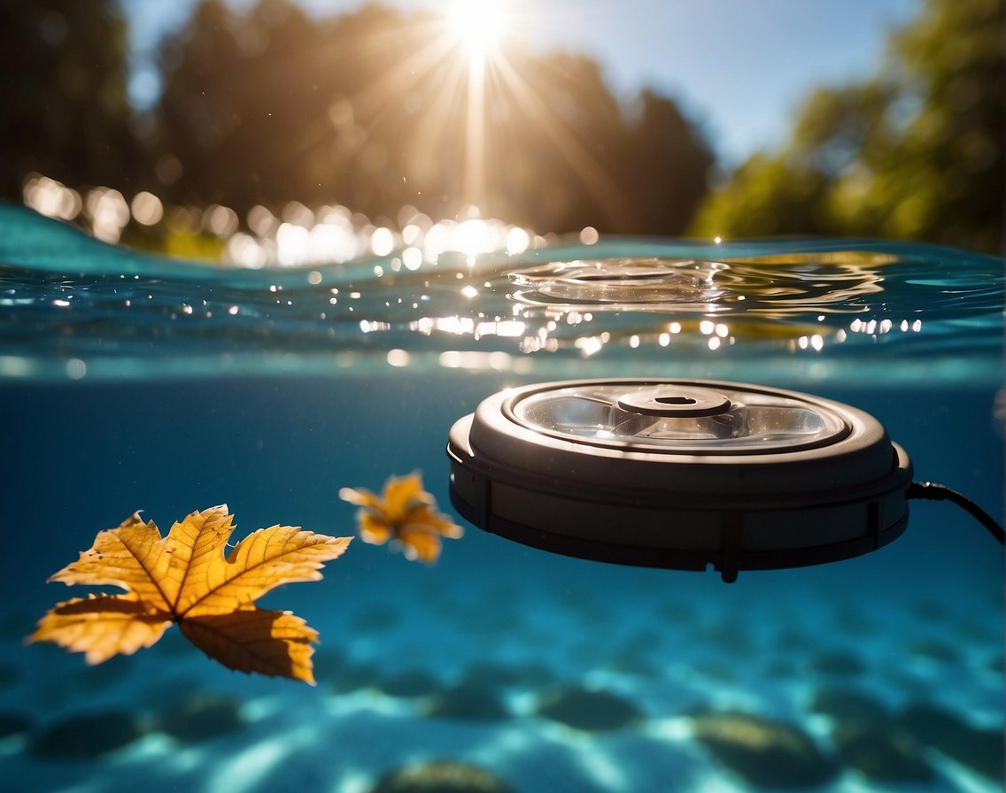 A pool skimmer glides smoothly across the water's surface, removing debris and leaves. The sun shines overhead, casting a warm glow on the clear blue water