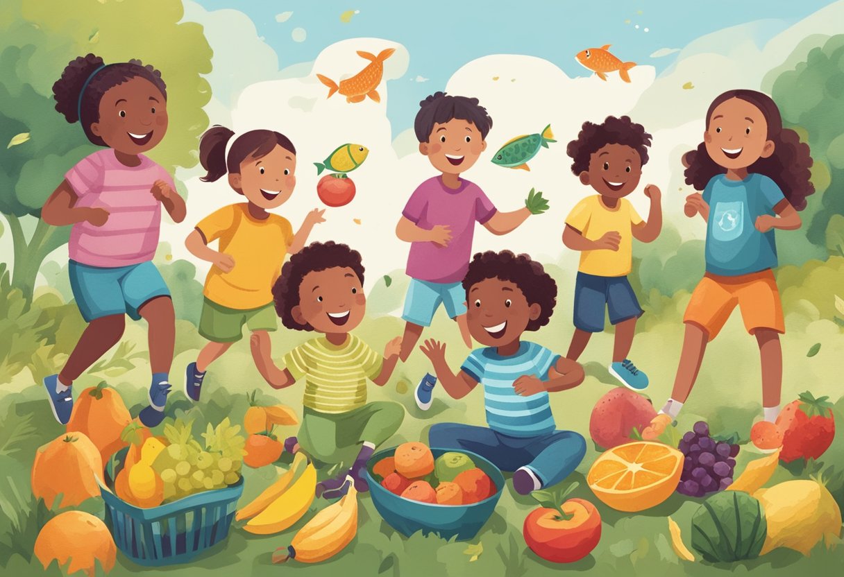 A group of happy and active children playing outdoors, surrounded by colorful fruits, vegetables, and fish, representing the importance of omega-3 for kids' health