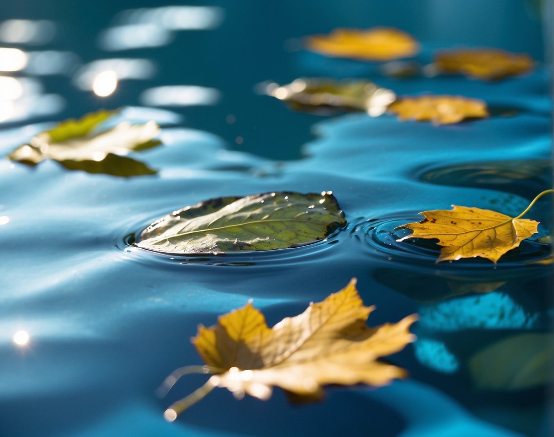 A pool skimmer glides across the surface of a sparkling blue pool, collecting leaves and debris. The Georgia sun shines down on the water, creating a serene and inviting scene