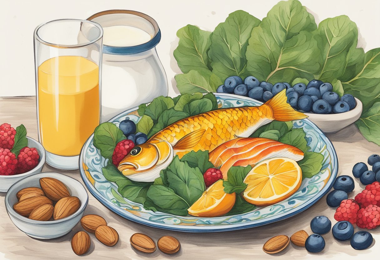 A colorful plate with fish, nuts, and leafy greens. A glass of milk and a bowl of berries on the side