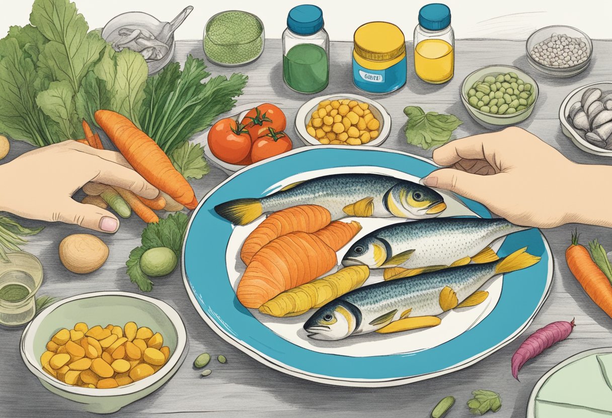 A child's hand reaches for a bottle of omega-3 supplements next to a plate of fish and vegetables