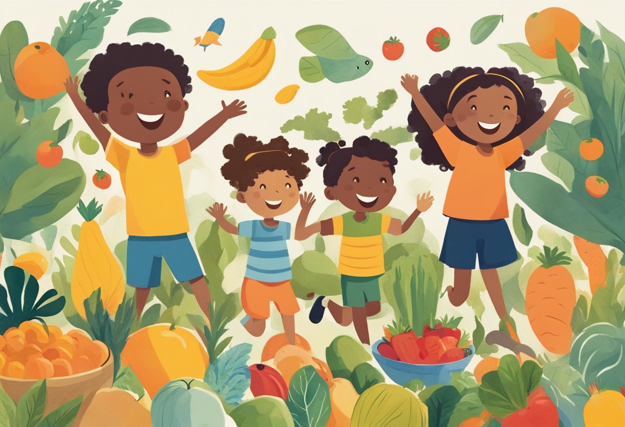 A group of children playing happily, surrounded by colorful fruits, vegetables, and fish. Some children are smiling and energetic, while others are resting peacefully