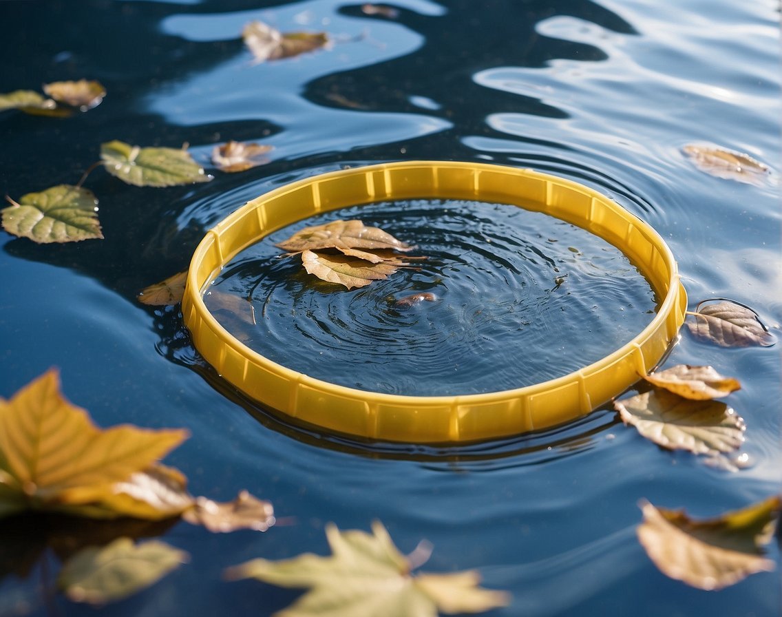 A pool skimmer glides through the water, collecting leaves and debris. The surface is clear and calm, reflecting the blue sky above