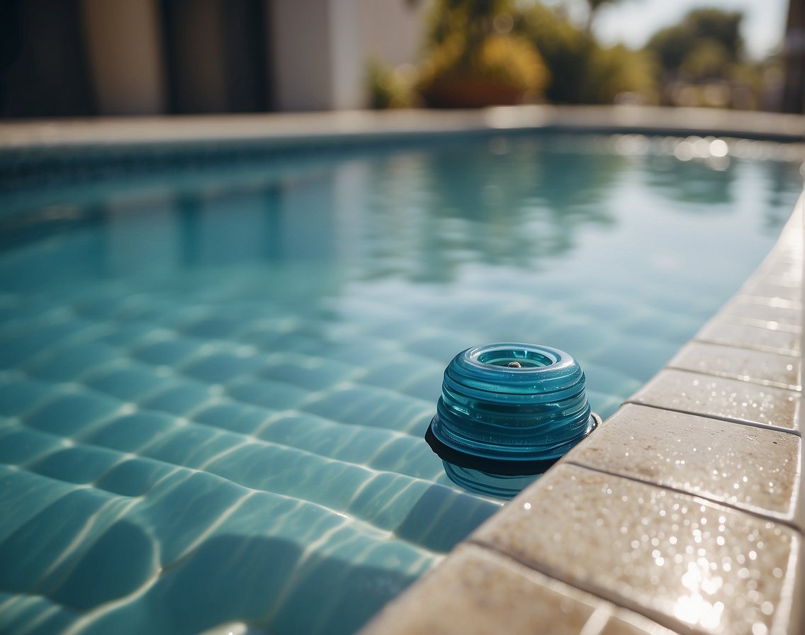 A pool skimmer glides across the surface, collecting debris. The surrounding pool area is clean and well-maintained, with clear water and sparkling tiles