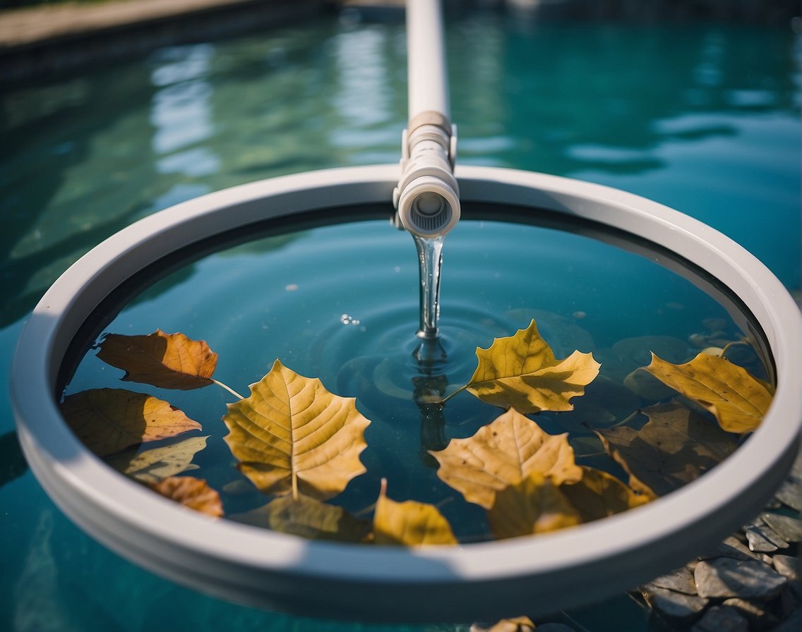 A pool skimmer is positioned at the water's surface, removing debris and leaves. The pool surroundings are clean and well-maintained, with clear water reflecting the surrounding environment