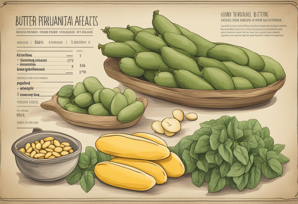 Butter beans displayed with nutritional facts label, surrounded by fresh produce and a measuring scale