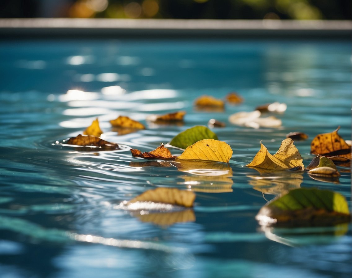 A pool skimmer glides across the water's surface, collecting leaves and debris. The skimmer's fine mesh net captures even the smallest particles, keeping the pool clean and clear