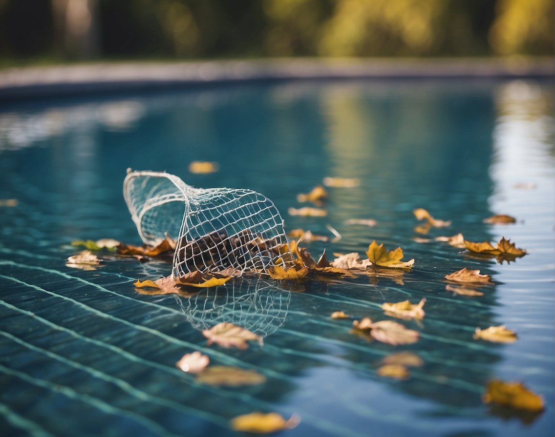 A pool skimmer net hovers over the water surface, collecting leaves and debris. The pool's edge and surrounding area are clean and well-maintained