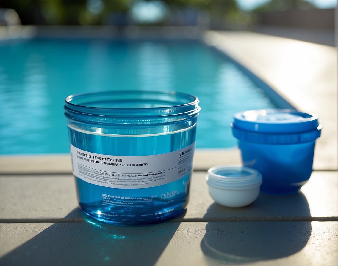 Chemical testing kit on pool deck. Skimmer basket overflowing with debris. Clear blue water in background