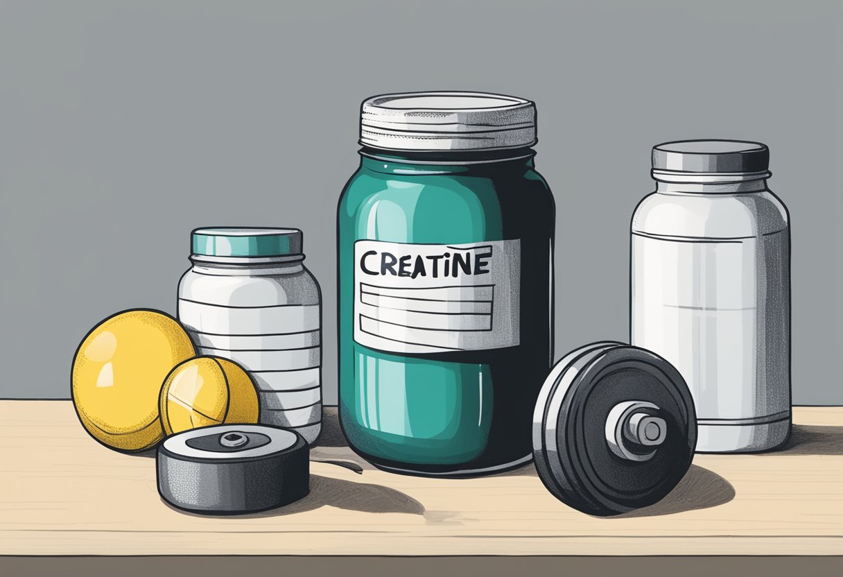 A jar of creatine powder sits next to a set of weights and a tape measure, suggesting the potential for weight loss