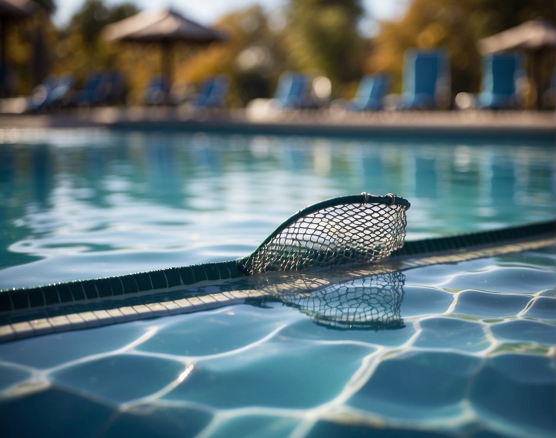 A pool with clear water, a skimmer net in hand, and a clean pool surface with no debris or leaves