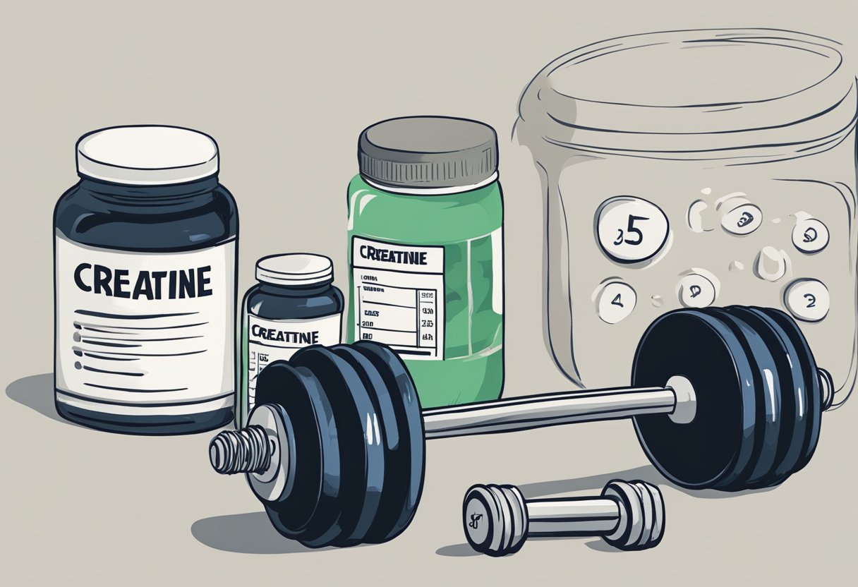 A container of creatine sits next to a set of dumbbells and a scale, suggesting a connection between creatine and weight management