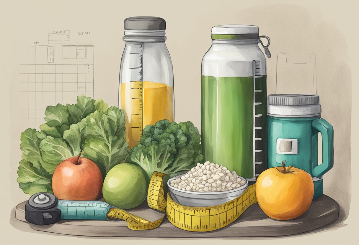 A bottle of creatine sits next to a scale and measuring tape, surrounded by healthy food and exercise equipment