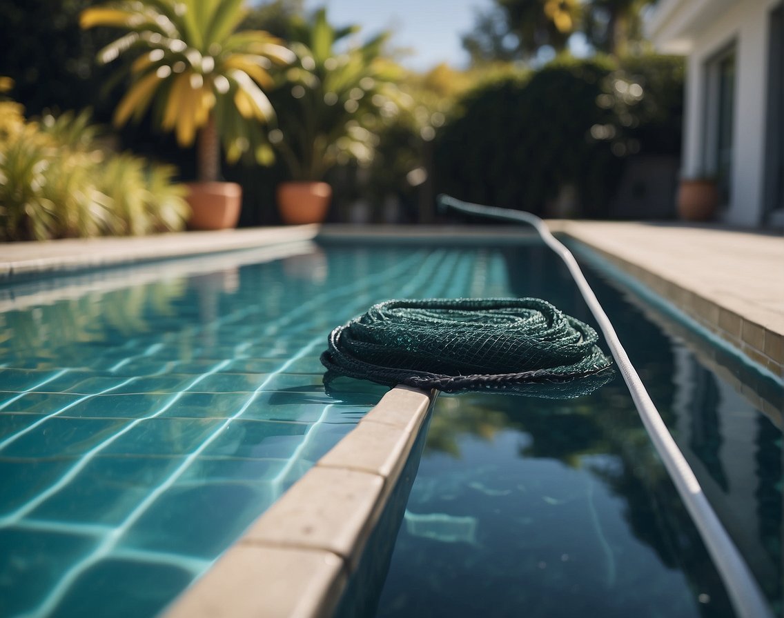 A pool with a skimmer net removing debris. Vacuum and brush nearby. Clear water with no visible debris or algae. Properly maintained pool equipment