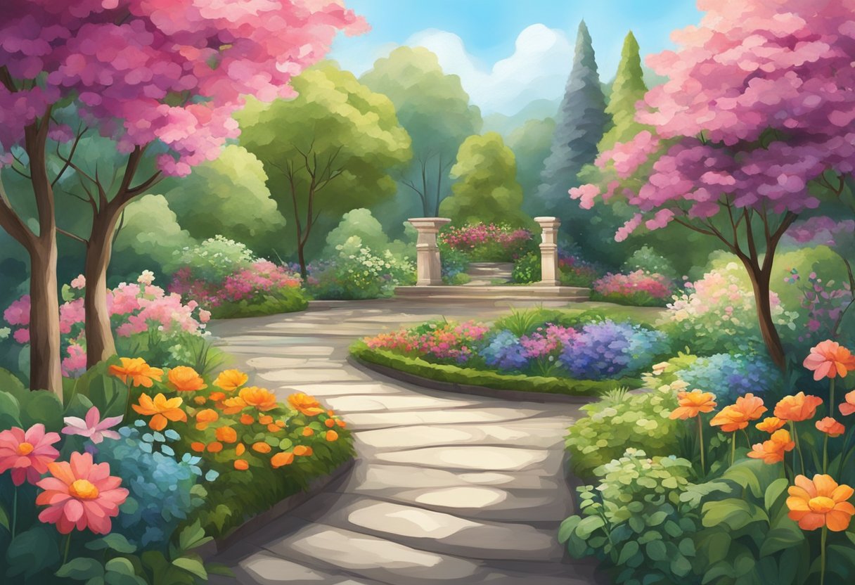 A serene garden with vibrant flowers and calming elements, symbolizing the importance of wellness for mental health