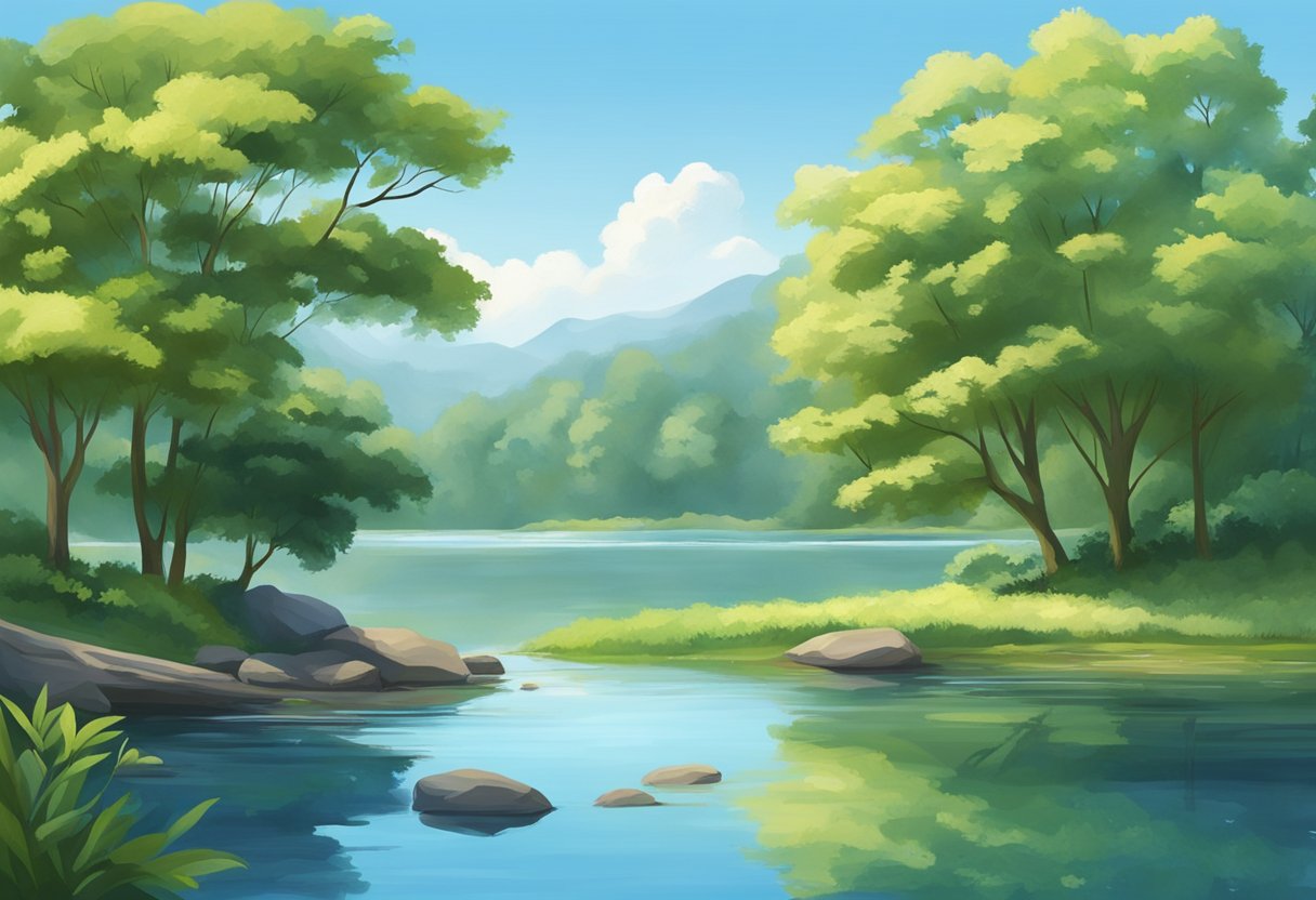 A serene landscape with a clear blue sky, lush greenery, and a peaceful body of water. The scene exudes tranquility and a sense of balance, emphasizing the importance of wellness for mental health