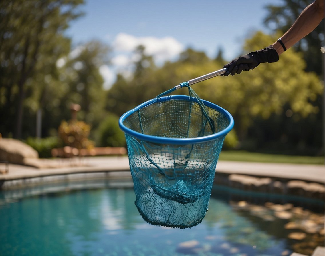 A pool skimmer net hovers over the water, capturing leaves and debris. A telescopic pole extends from the net, allowing for efficient cleaning. A pool skimmer basket sits nearby, ready to collect the collected debris
