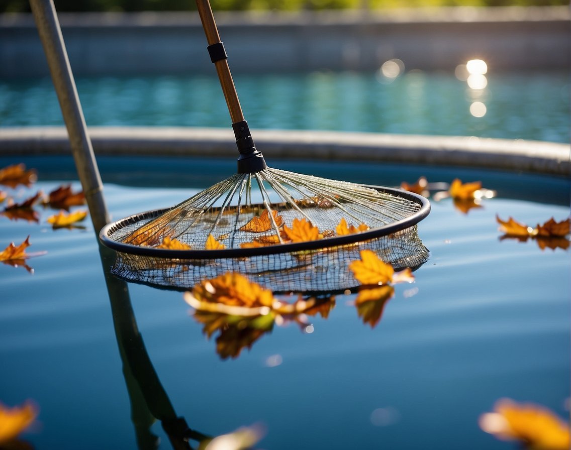 A pool skimmer with a fine mesh net hovers over the water's surface, capturing leaves and debris. A telescopic pole extends from the skimmer, allowing for easy maneuvering