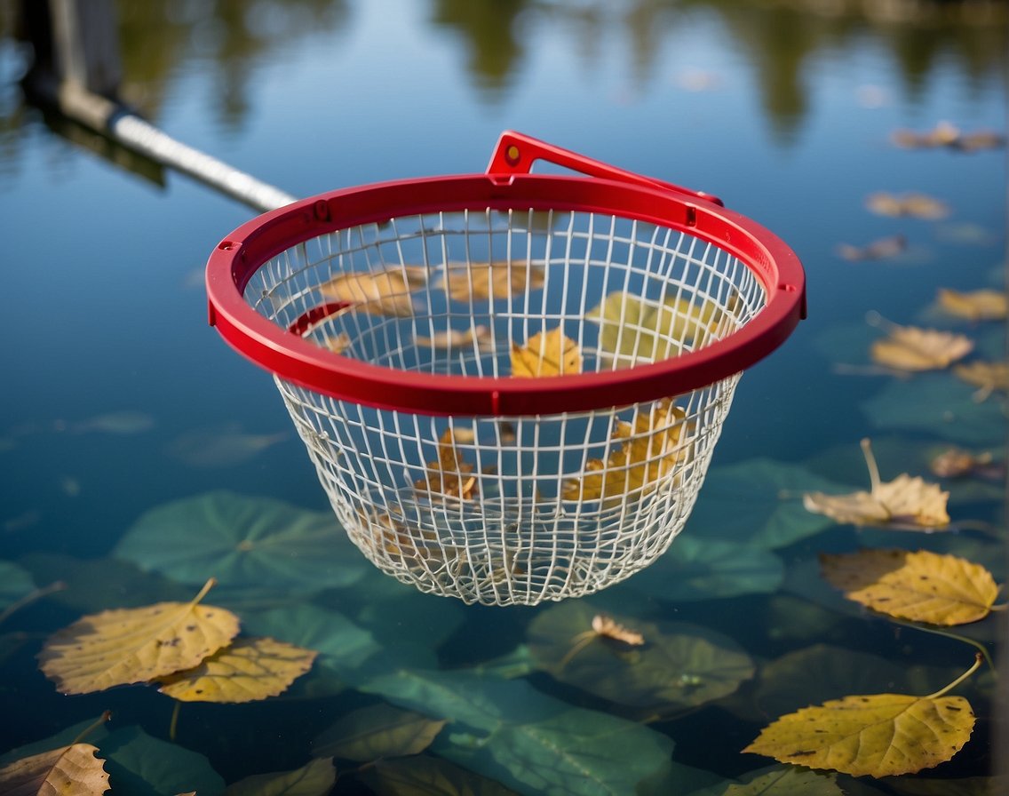 A skimmer net hovers over a clear pool surface, collecting leaves and debris. A telescoping pole and durable skimmer basket sit nearby for efficient maintenance