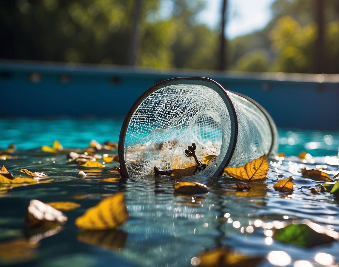 A pool skimmer net glides through the water, capturing leaves, insects, and other debris. Different techniques are used to remove various types of waste from the pool's surface