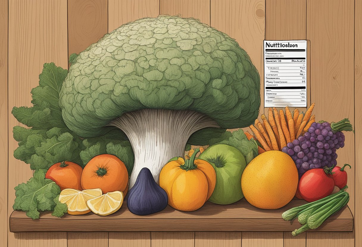 A lion's mane mushroom sits on a wooden cutting board, surrounded by various fruits and vegetables. A nutrition label is displayed next to it, listing its nutritional profile