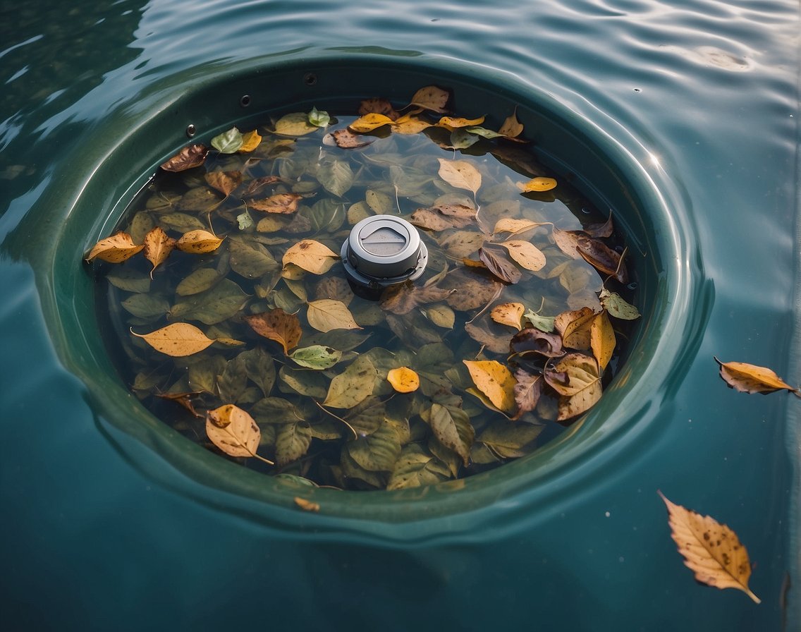 A pool with debris floating on the surface. A manual skimmer held by a hand and an automatic skimmer attached to the pool's edge. Various types of debris such as leaves, insects, and small twigs are scattered across the water