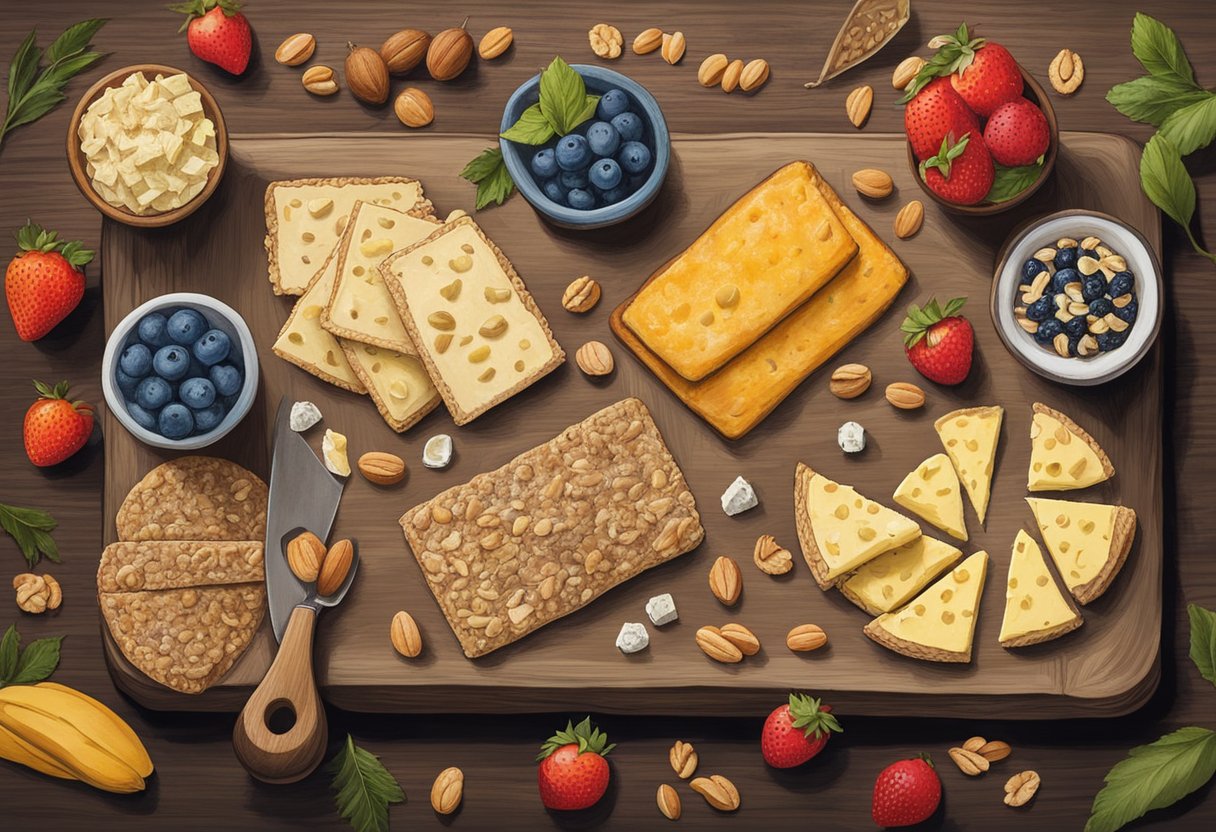 A spread of oatcakes with assorted toppings, such as fruits, nuts, and cheese, displayed on a rustic wooden board