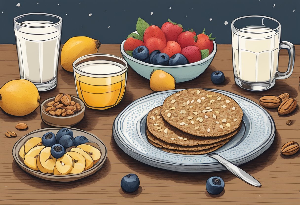 A plate of oatcakes surrounded by fresh fruits and nuts, with a glass of milk on the side. The oatcakes are topped with a spread of honey and a sprinkle of chia seeds