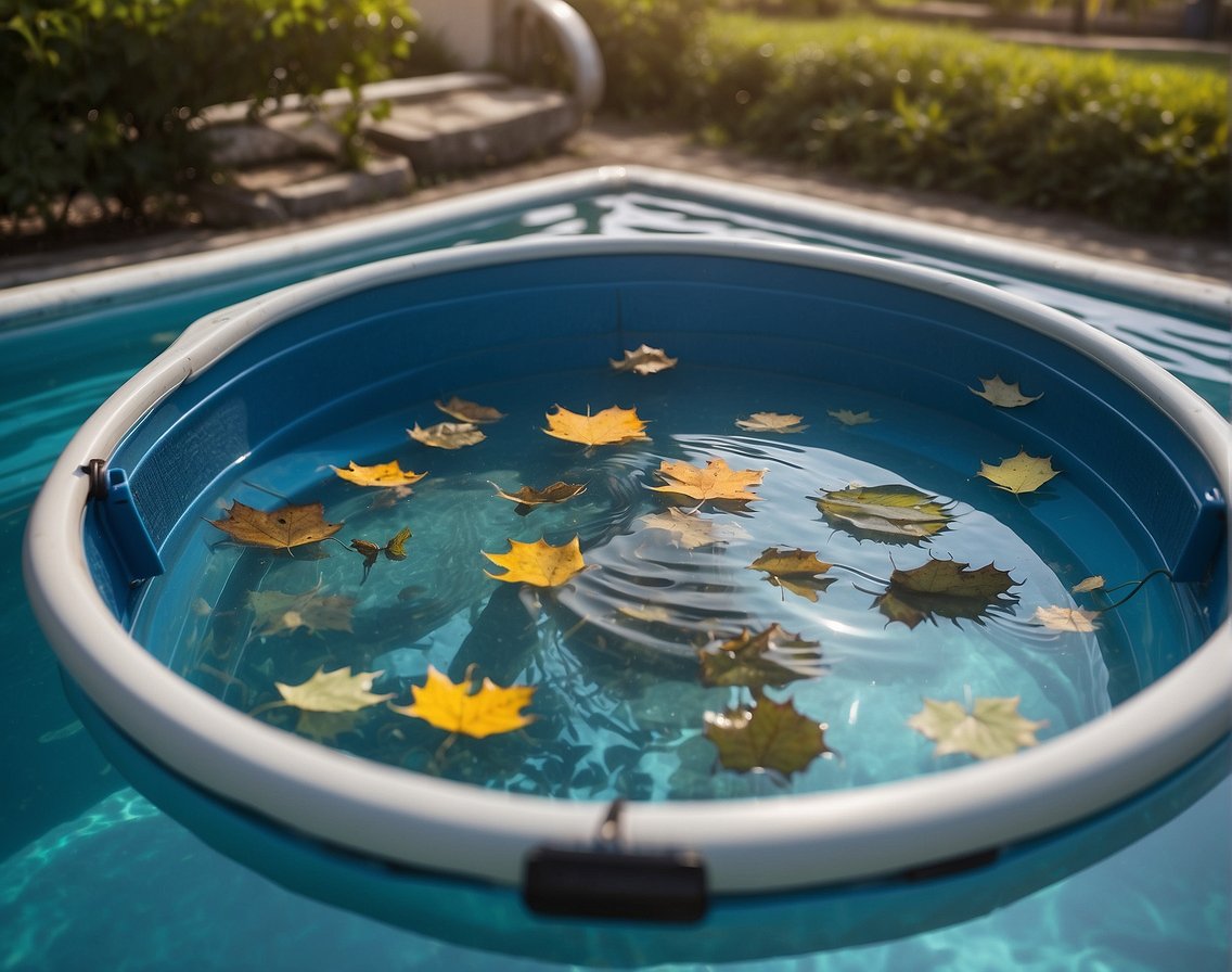 A pool skimmer with various attachments removes leaves, bugs, and other debris from the water's surface using advanced technology and equipment