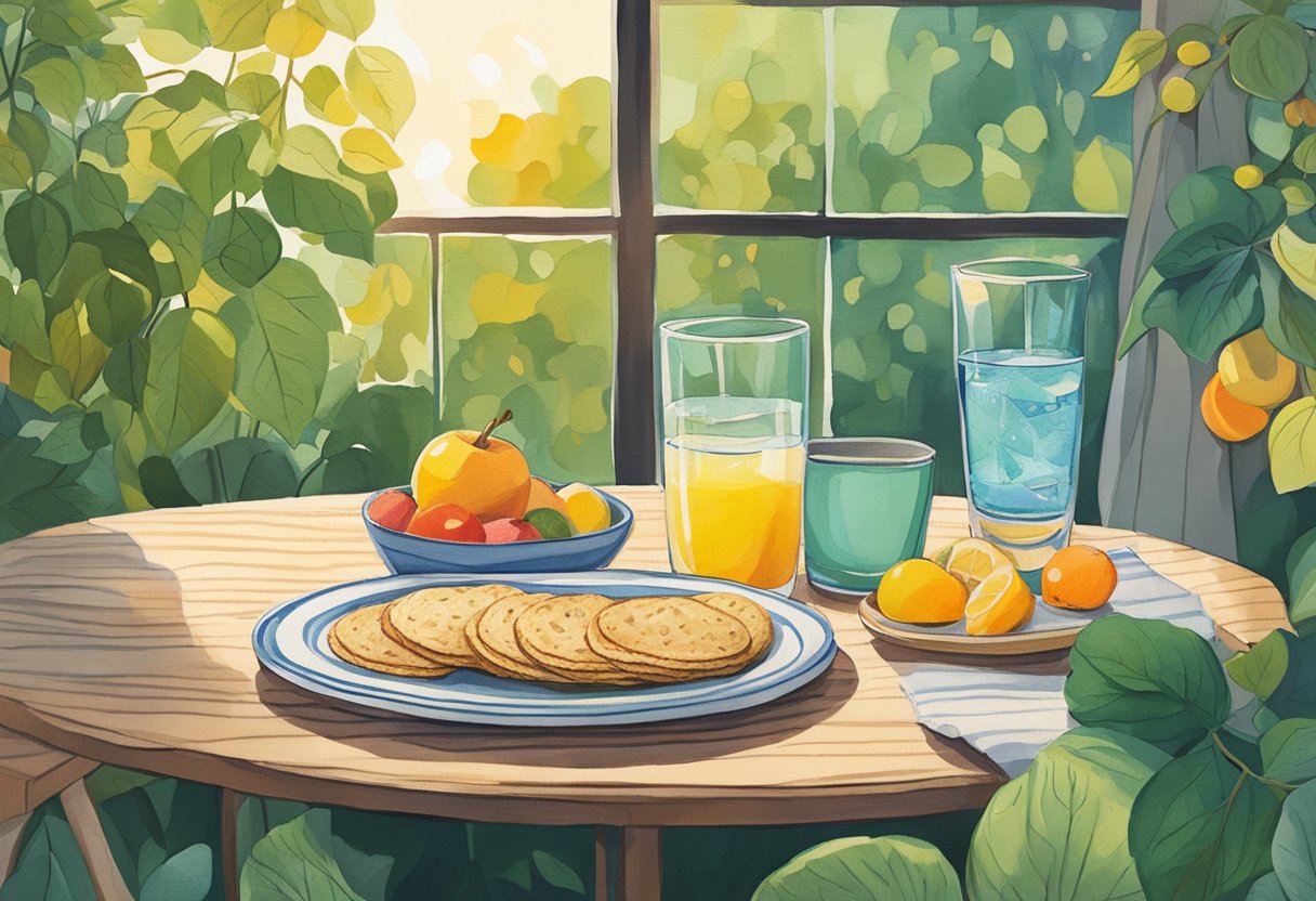 A table set with a plate of oatcakes surrounded by colorful fruits and a glass of water, with a backdrop of greenery and sunlight streaming in