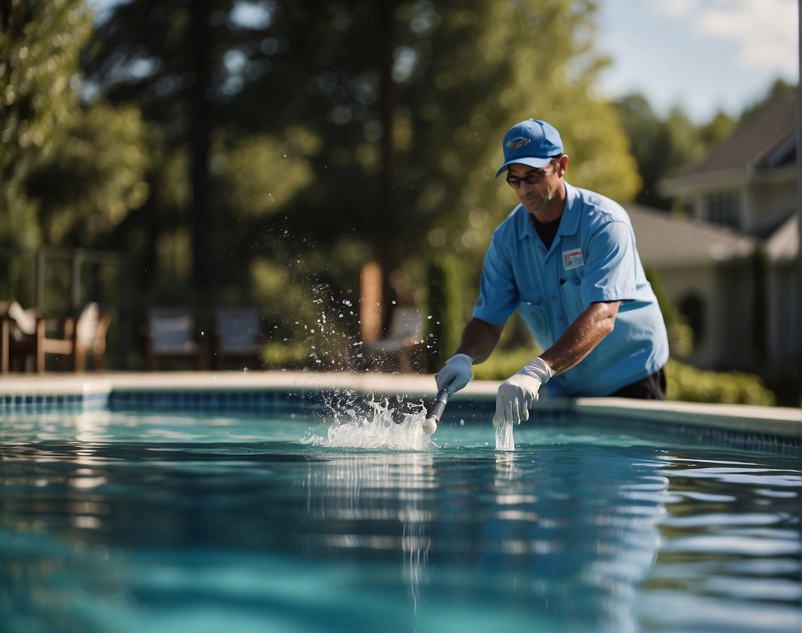 A pool maintenance technician skillfully skims debris from a sparkling pool in Georgia, showcasing the benefits of professional pool skimming services