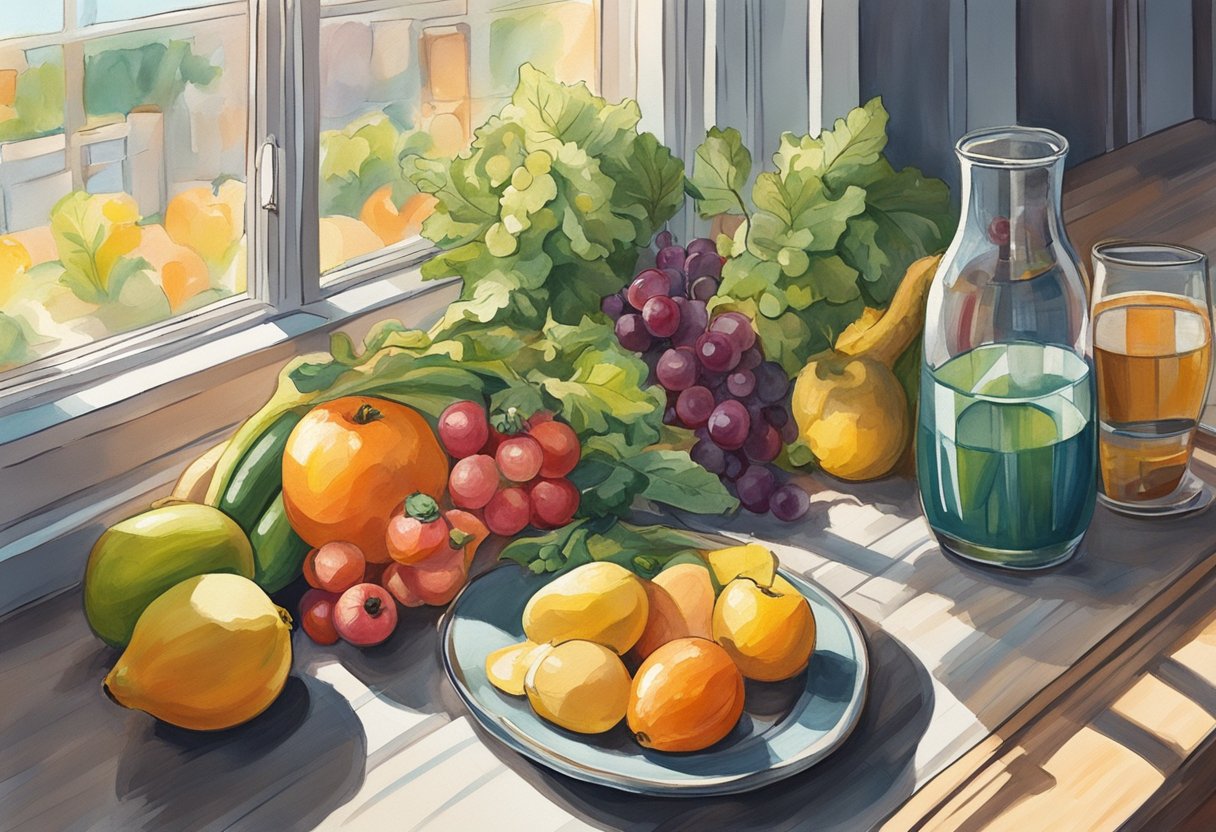 A table filled with colorful fruits, vegetables, and supplements. A glass of water and a plate of lean protein. The sun shining through a window, casting a warm glow on the scene