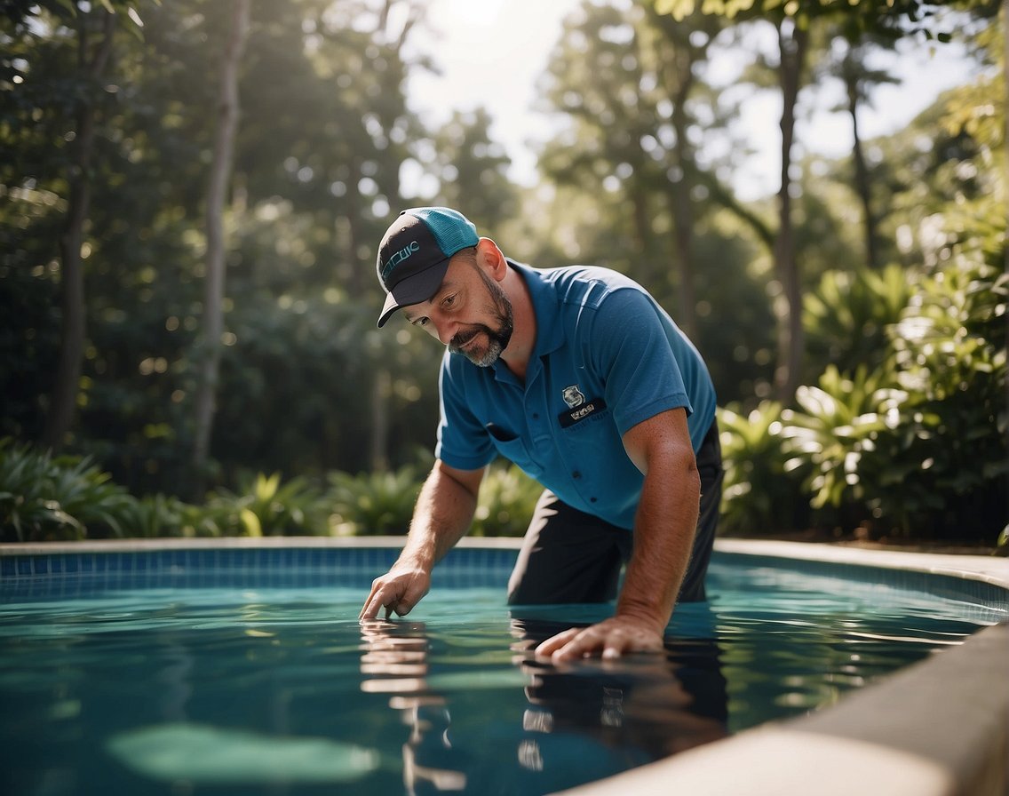 A pool service technician skims debris from a clean, sparkling pool in a lush backyard setting in Georgia