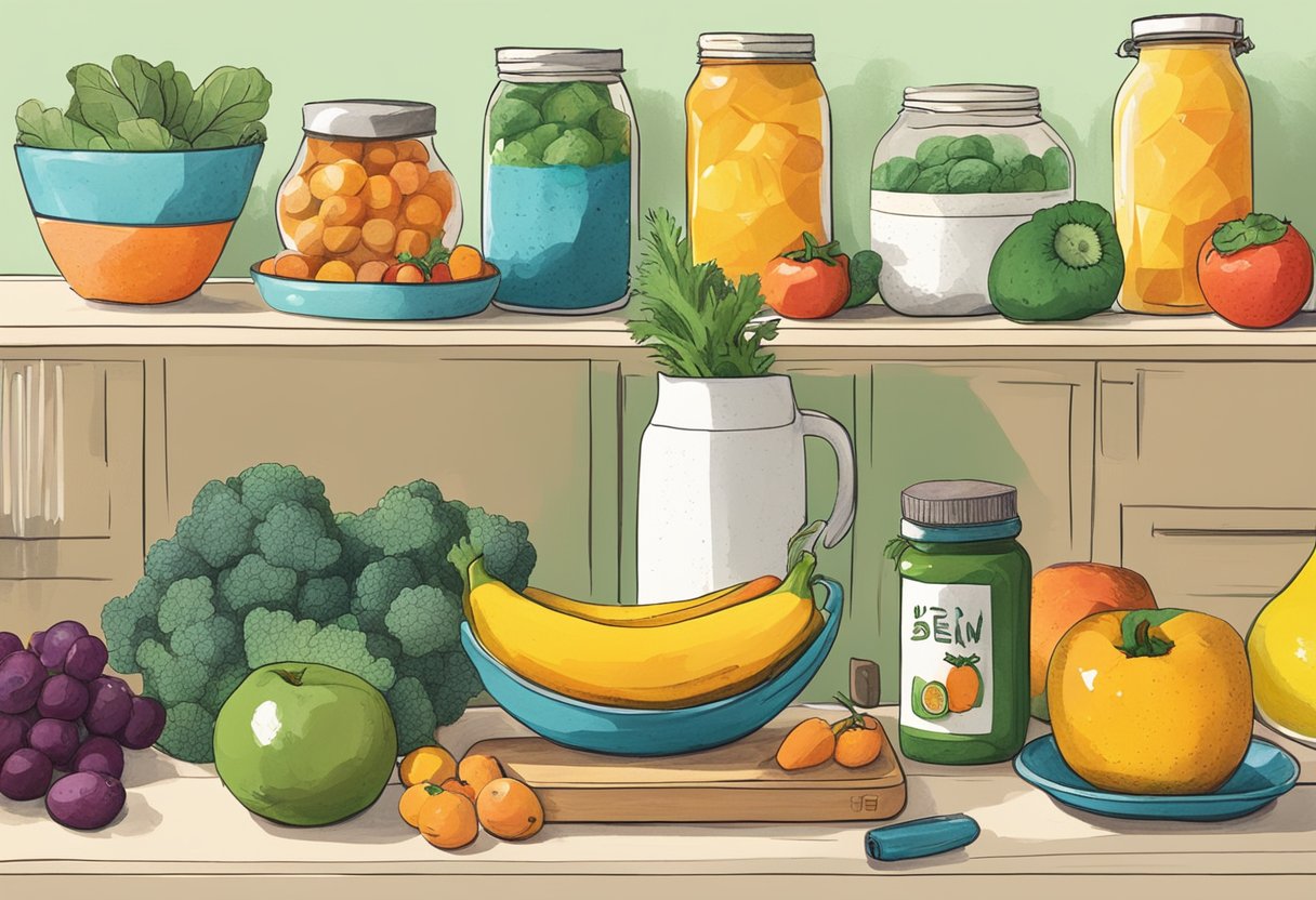 A bright, sunny day with a variety of fresh fruits, vegetables, and supplements displayed on a kitchen counter, surrounded by exercise equipment and a cozy bed